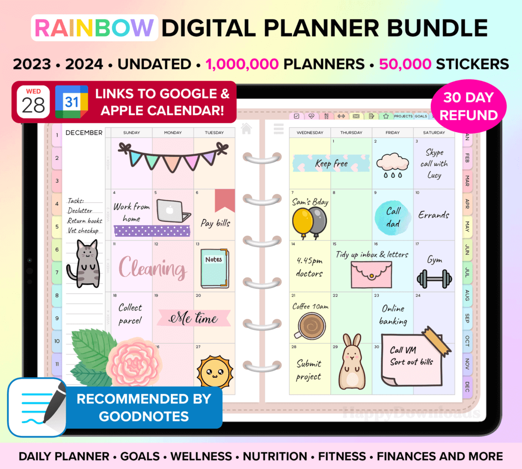 Rainbow Digital Planner 2023 2024 Undated HappyDownloads